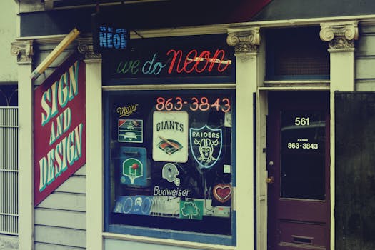 thrift store exterior with colorful signs