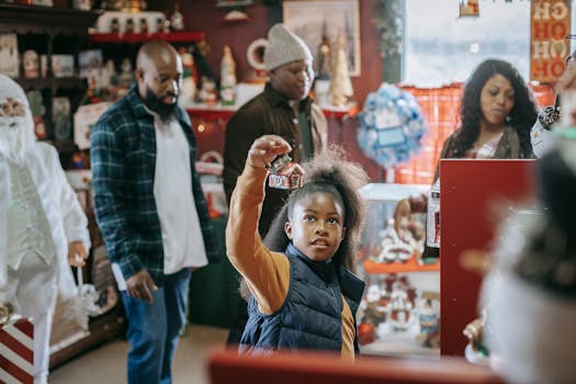 happy family shopping in a thrift store