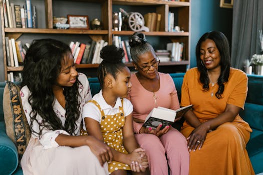 family reading financial books