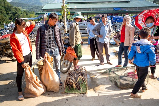 bustling rural marketplace with vendors