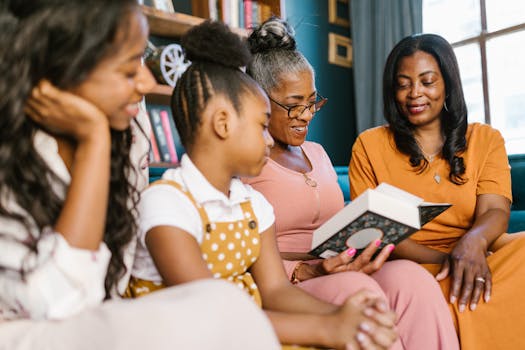 A happy family reading together at a library