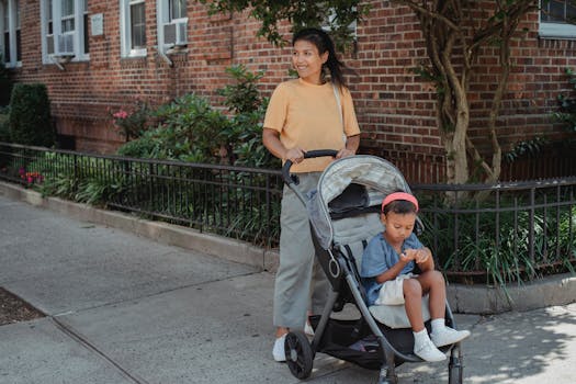 Happy family enjoying a walk in their neighborhood